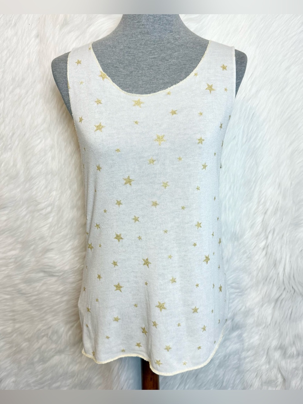 NWT Tempo Paris White Gold Star Print Tank Top Knit Sleeveless 4th of July